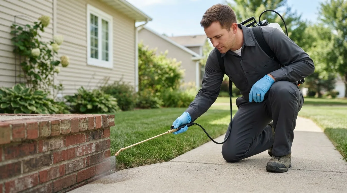 Pest control technician treating a home near Suwanee, GA